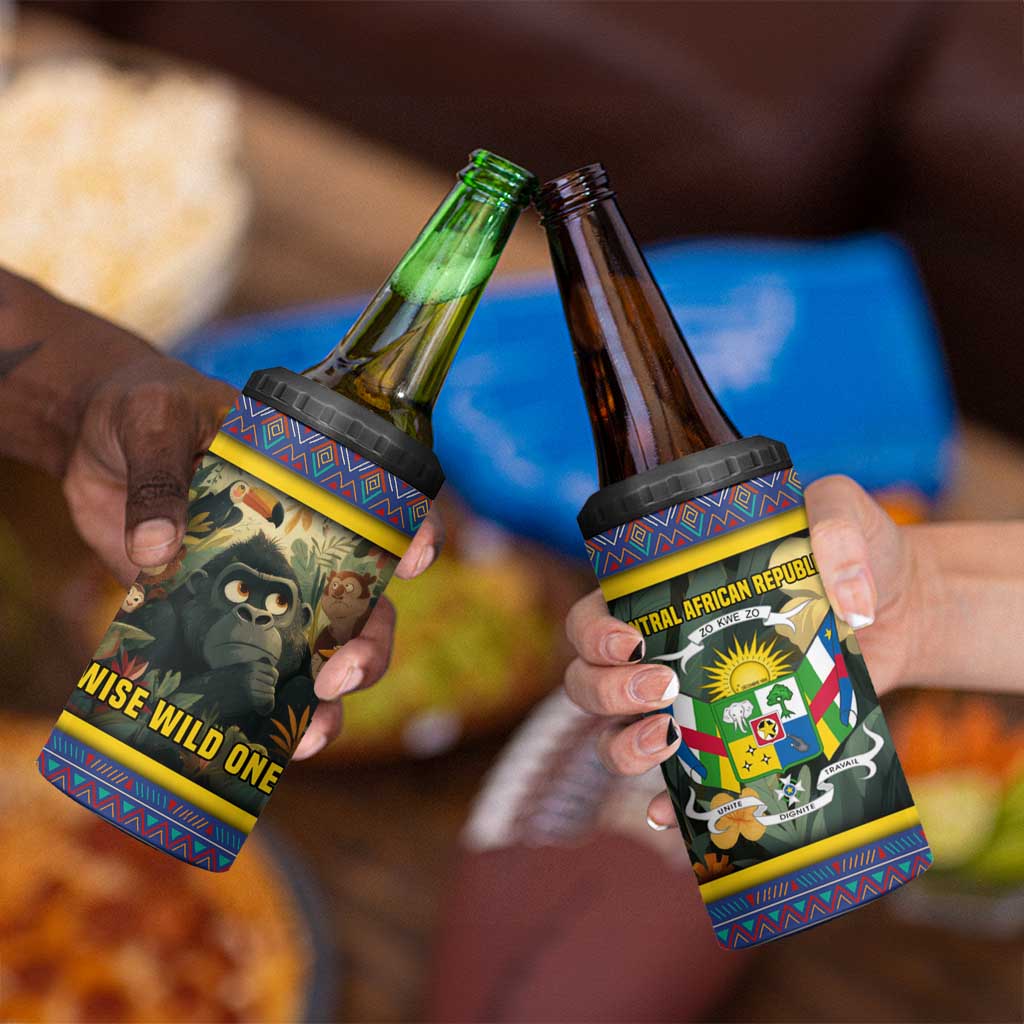 Central African Republic 4 in 1 Can Cooler Tumbler with Jungle Animal Design and National Emblem Pattern - Wonder Print Shop