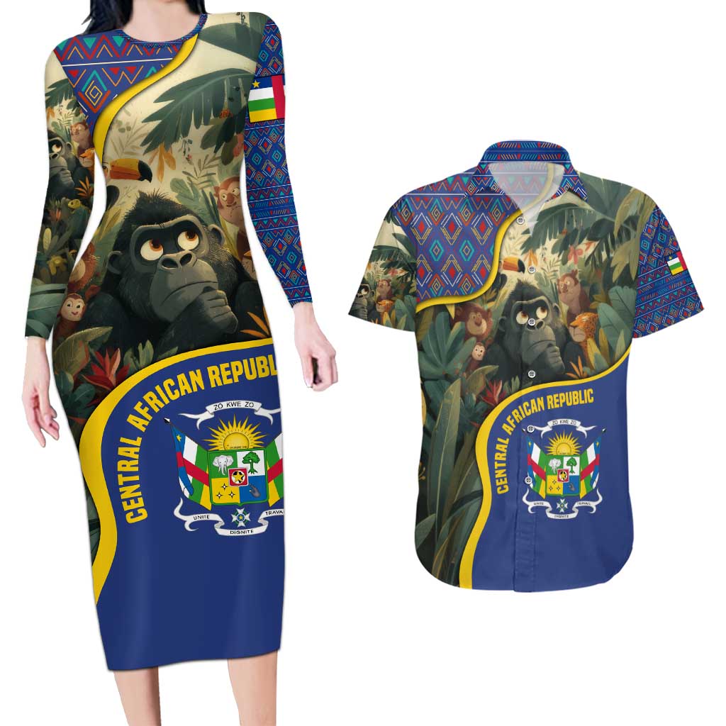Central African Republic Couples Matching Long Sleeve Bodycon Dress and Hawaiian Shirt with Jungle Animal Design and National Emblem Pattern - Wonder Print Shop
