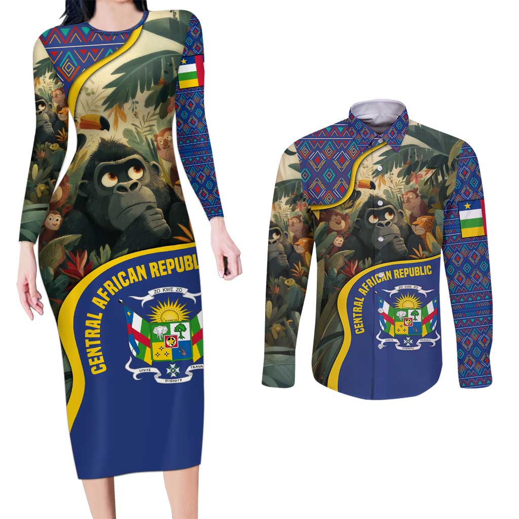Central African Republic Couples Matching Long Sleeve Bodycon Dress and Long Sleeve Button Shirt with Jungle Animal Design and National Emblem Pattern - Wonder Print Shop