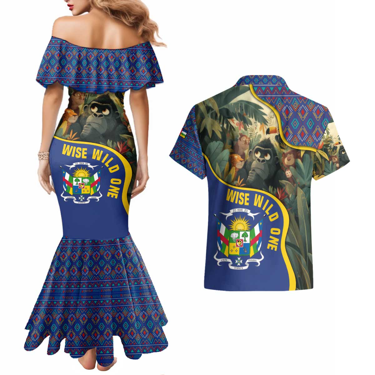 Central African Republic Couples Matching Mermaid Dress and Hawaiian Shirt with Jungle Animal Design and National Emblem Pattern - Wonder Print Shop