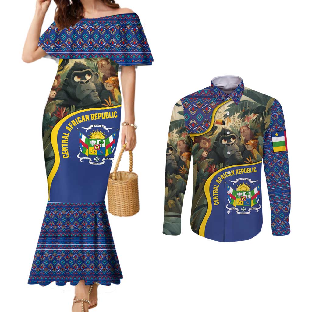 Central African Republic Couples Matching Mermaid Dress and Long Sleeve Button Shirt with Jungle Animal Design and National Emblem Pattern - Wonder Print Shop