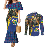Central African Republic Couples Matching Mermaid Dress and Long Sleeve Button Shirt with Jungle Animal Design and National Emblem Pattern - Wonder Print Shop