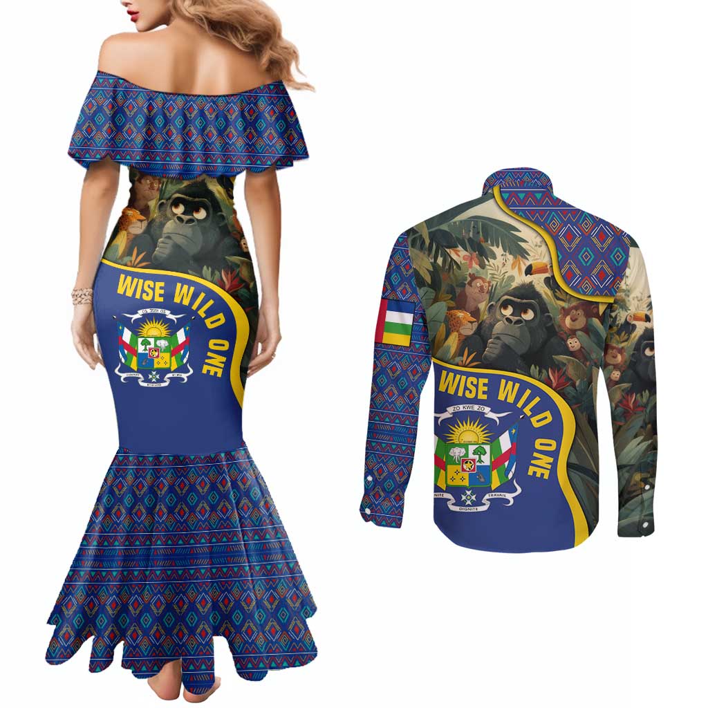 Central African Republic Couples Matching Mermaid Dress and Long Sleeve Button Shirt with Jungle Animal Design and National Emblem Pattern - Wonder Print Shop
