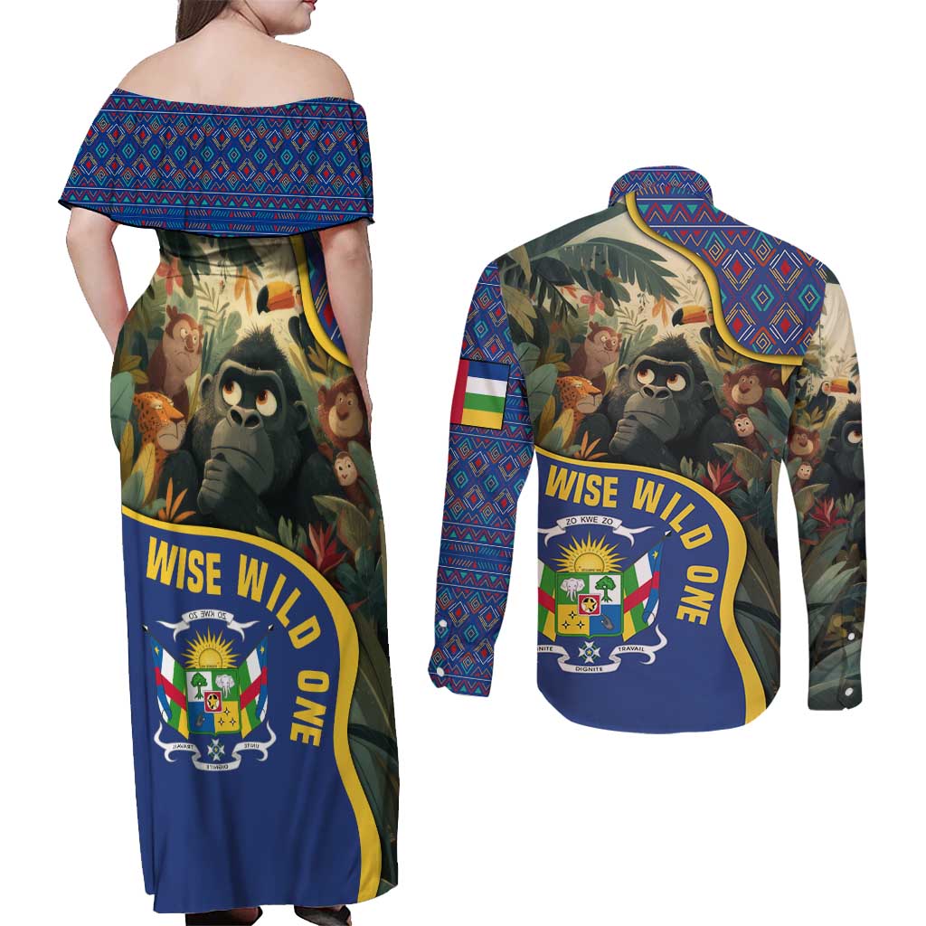 Central African Republic Couples Matching Off Shoulder Maxi Dress and Long Sleeve Button Shirt with Jungle Animal Design and National Emblem Pattern - Wonder Print Shop