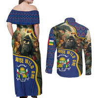 Central African Republic Couples Matching Off Shoulder Maxi Dress and Long Sleeve Button Shirt with Jungle Animal Design and National Emblem Pattern - Wonder Print Shop