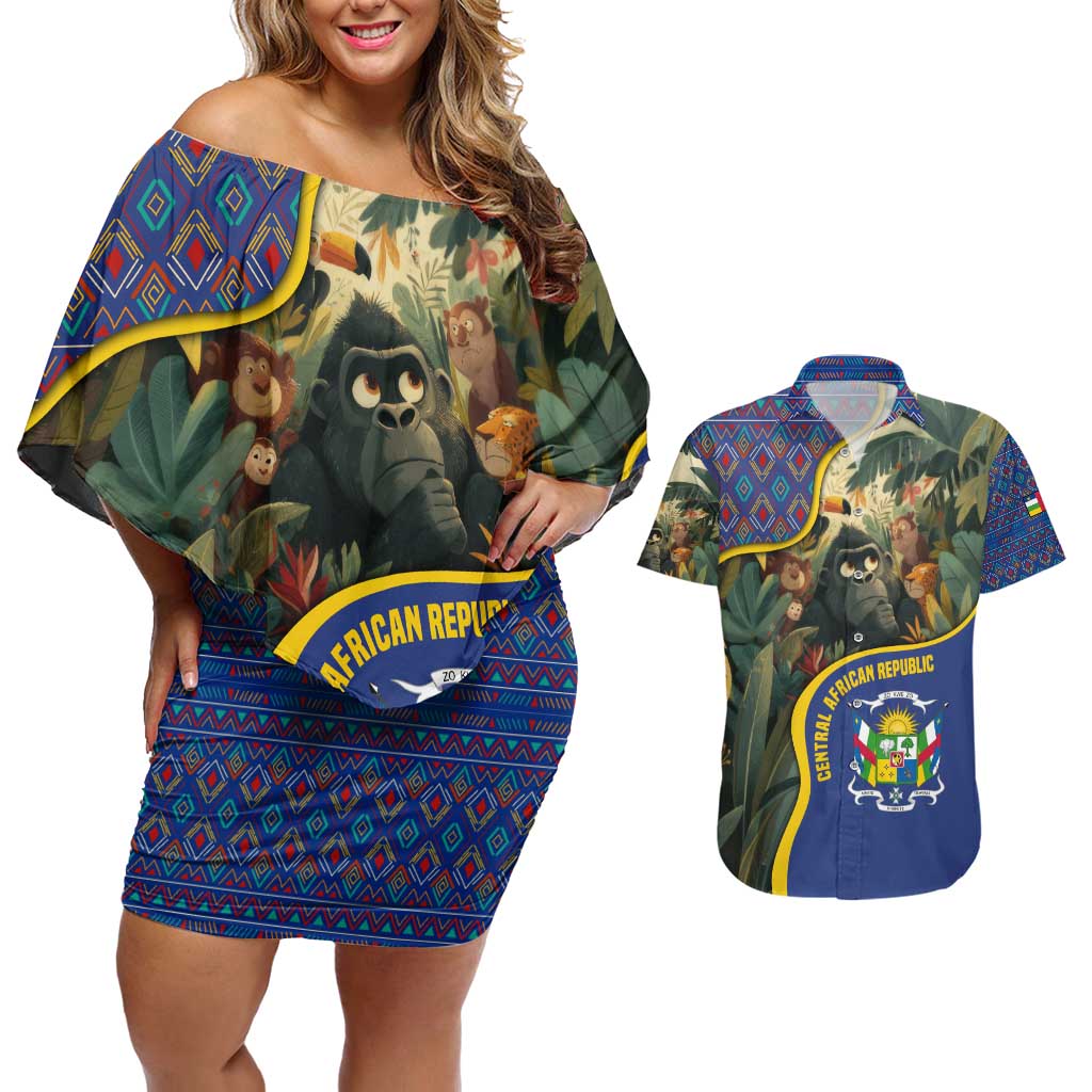 Central African Republic Couples Matching Off Shoulder Short Dress and Hawaiian Shirt with Jungle Animal Design and National Emblem Pattern - Wonder Print Shop