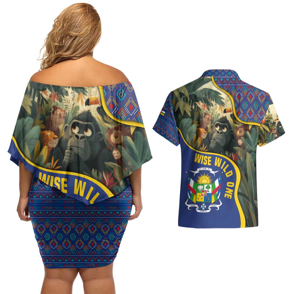 Central African Republic Couples Matching Off Shoulder Short Dress and Hawaiian Shirt with Jungle Animal Design and National Emblem Pattern - Wonder Print Shop