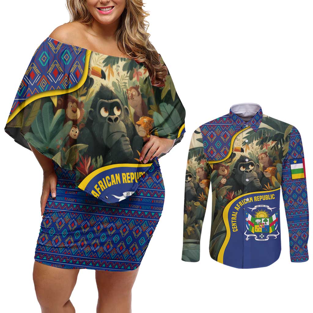 Central African Republic Couples Matching Off Shoulder Short Dress and Long Sleeve Button Shirt with Jungle Animal Design and National Emblem Pattern - Wonder Print Shop
