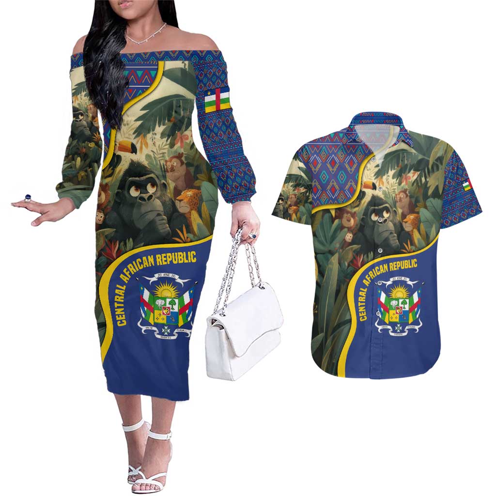 Central African Republic Couples Matching Off The Shoulder Long Sleeve Dress and Hawaiian Shirt with Jungle Animal Design and National Emblem Pattern - Wonder Print Shop