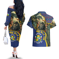 Central African Republic Couples Matching Off The Shoulder Long Sleeve Dress and Hawaiian Shirt with Jungle Animal Design and National Emblem Pattern - Wonder Print Shop
