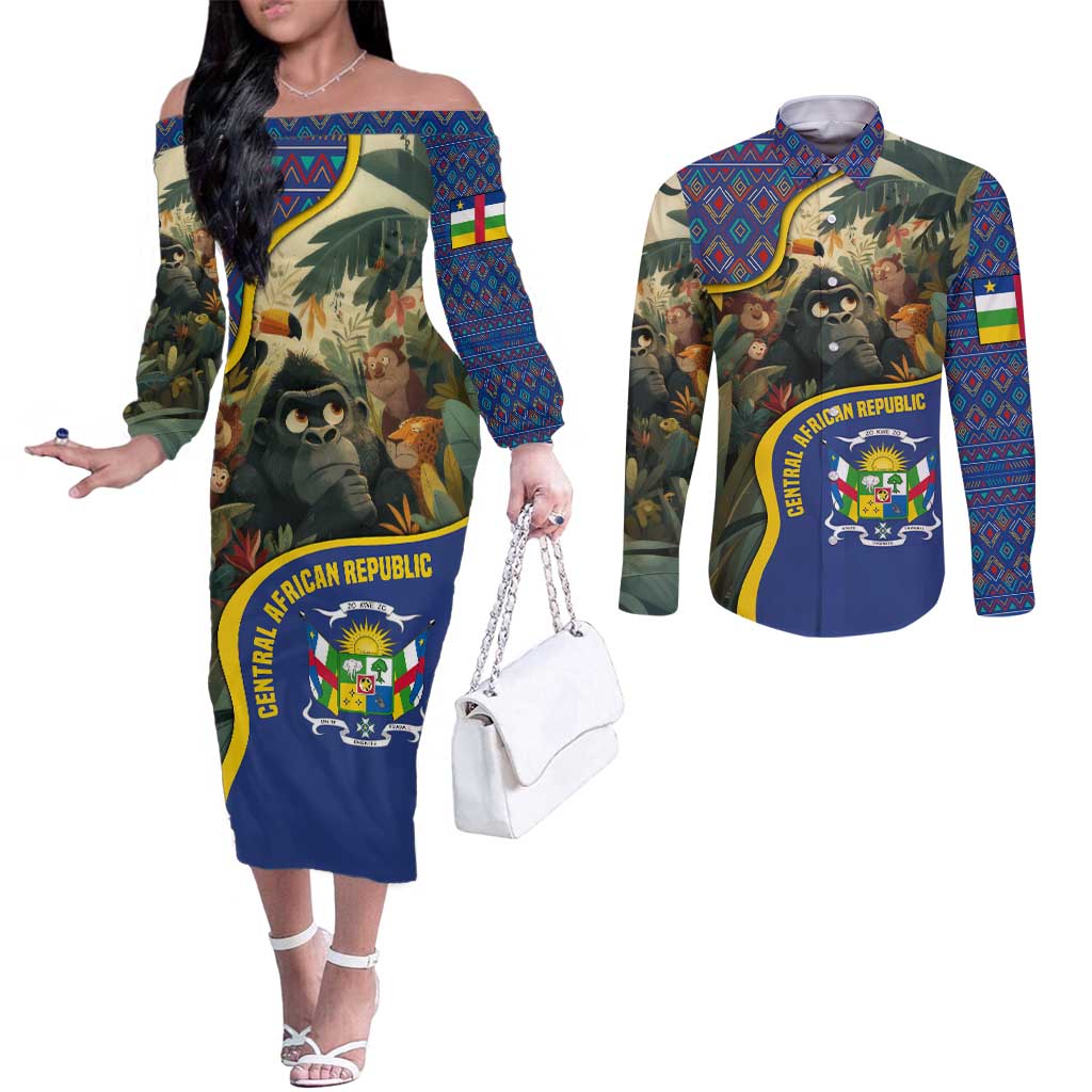Central African Republic Couples Matching Off The Shoulder Long Sleeve Dress and Long Sleeve Button Shirt with Jungle Animal Design and National Emblem Pattern - Wonder Print Shop