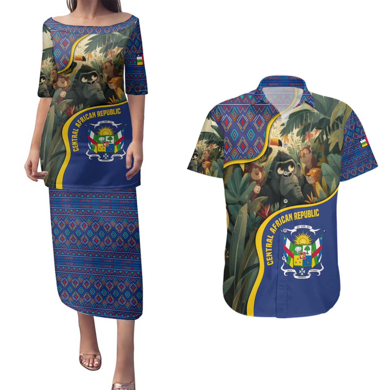 Central African Republic Couples Matching Puletasi and Hawaiian Shirt with Jungle Animal Design and National Emblem Pattern - Wonder Print Shop