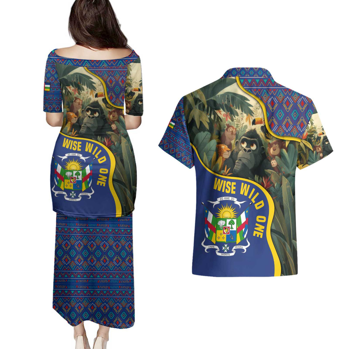 Central African Republic Couples Matching Puletasi and Hawaiian Shirt with Jungle Animal Design and National Emblem Pattern - Wonder Print Shop
