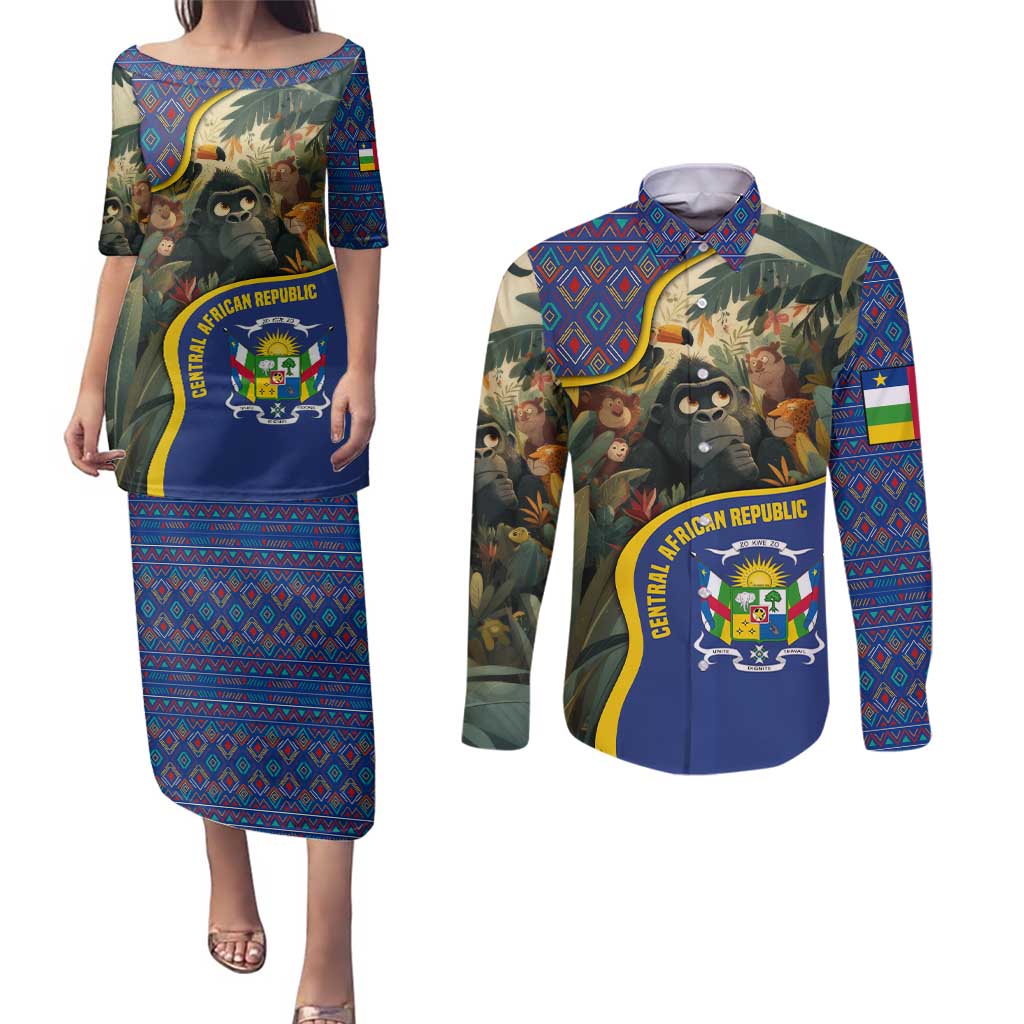 Central African Republic Couples Matching Puletasi and Long Sleeve Button Shirt with Jungle Animal Design and National Emblem Pattern - Wonder Print Shop