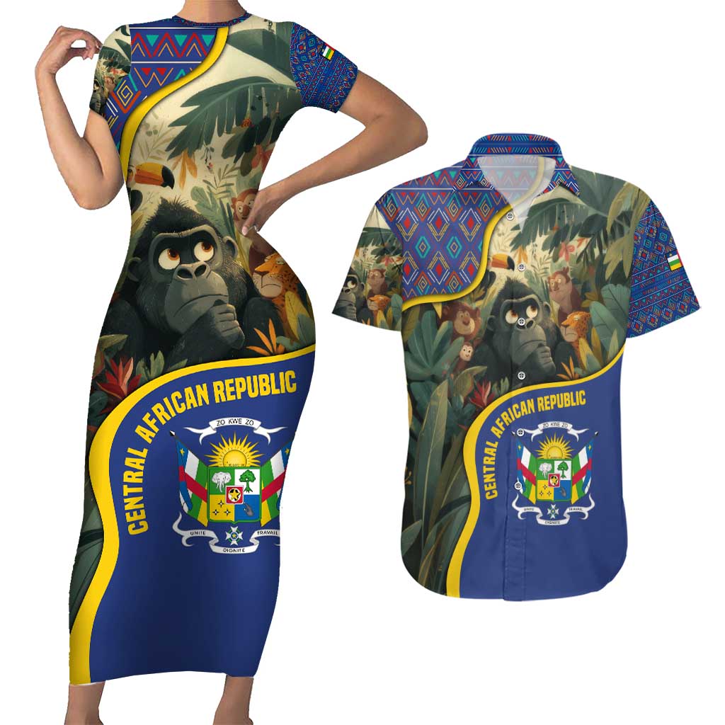 Central African Republic Couples Matching Short Sleeve Bodycon Dress and Hawaiian Shirt with Jungle Animal Design and National Emblem Pattern - Wonder Print Shop