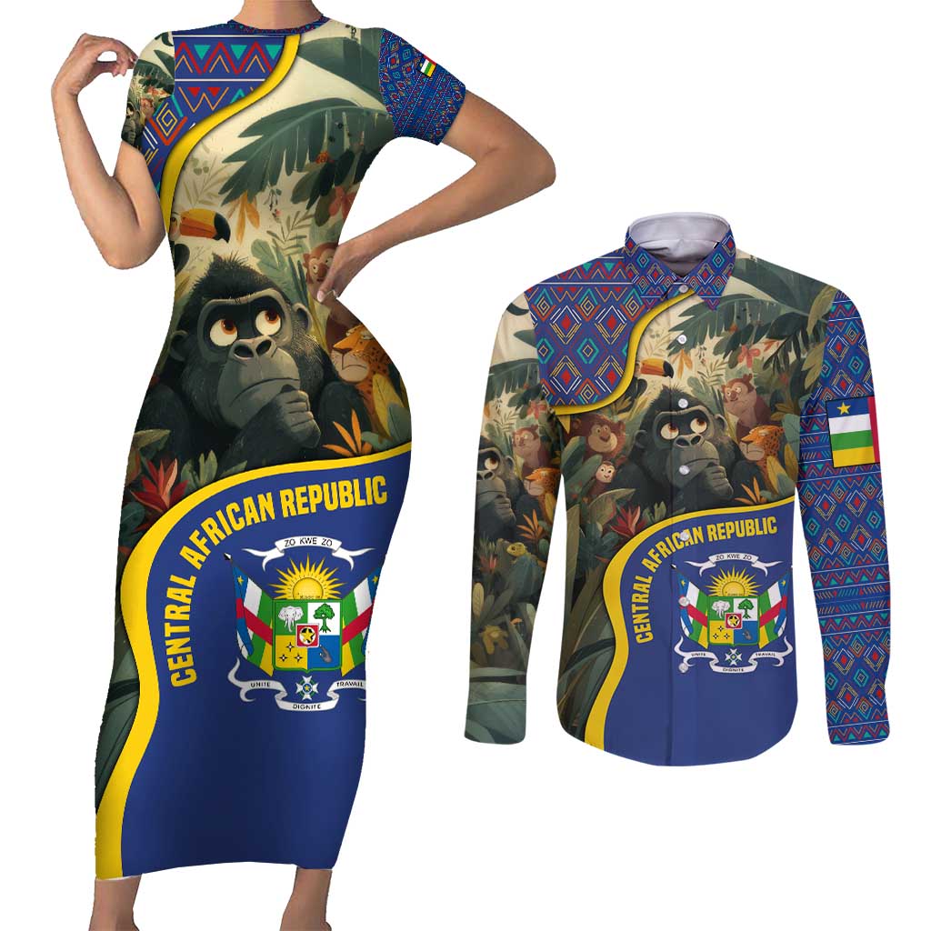 Central African Republic Couples Matching Short Sleeve Bodycon Dress and Long Sleeve Button Shirt with Jungle Animal Design and National Emblem Pattern - Wonder Print Shop