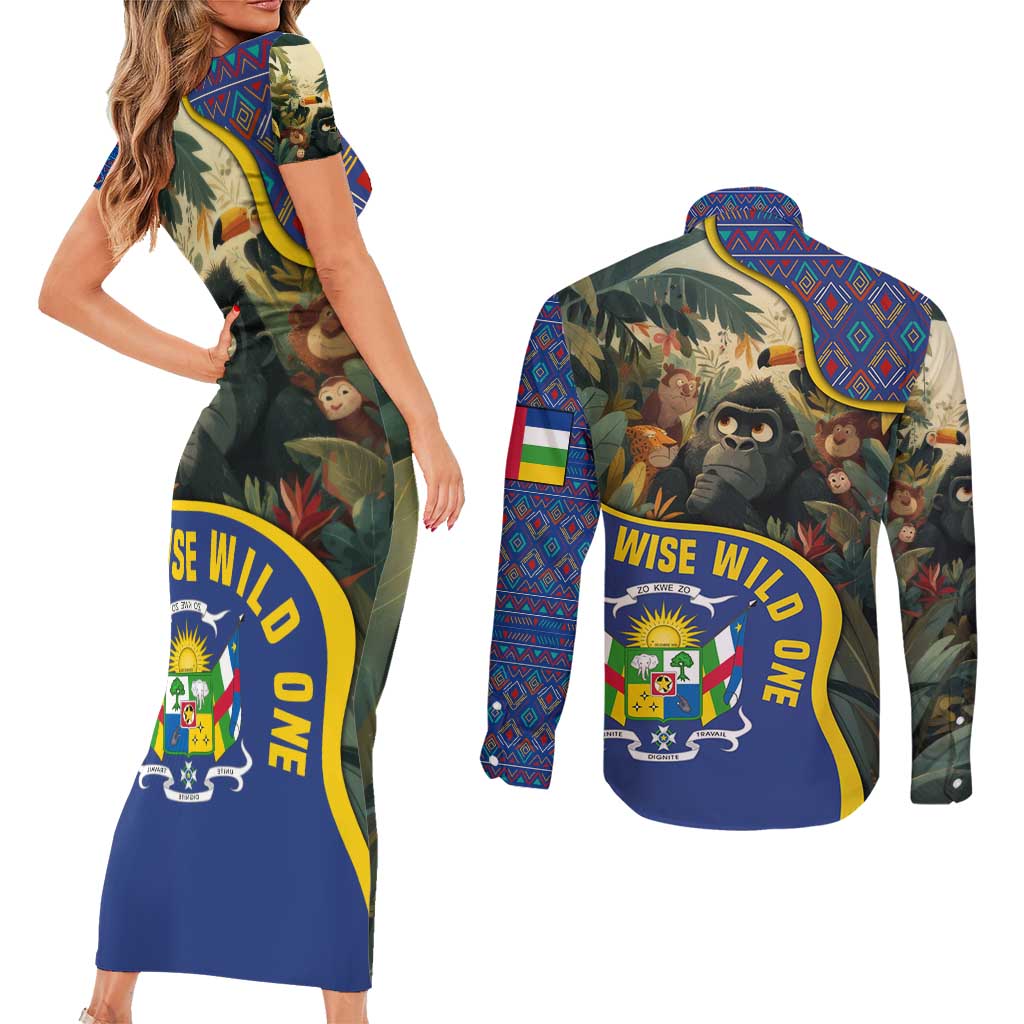 Central African Republic Couples Matching Short Sleeve Bodycon Dress and Long Sleeve Button Shirt with Jungle Animal Design and National Emblem Pattern - Wonder Print Shop