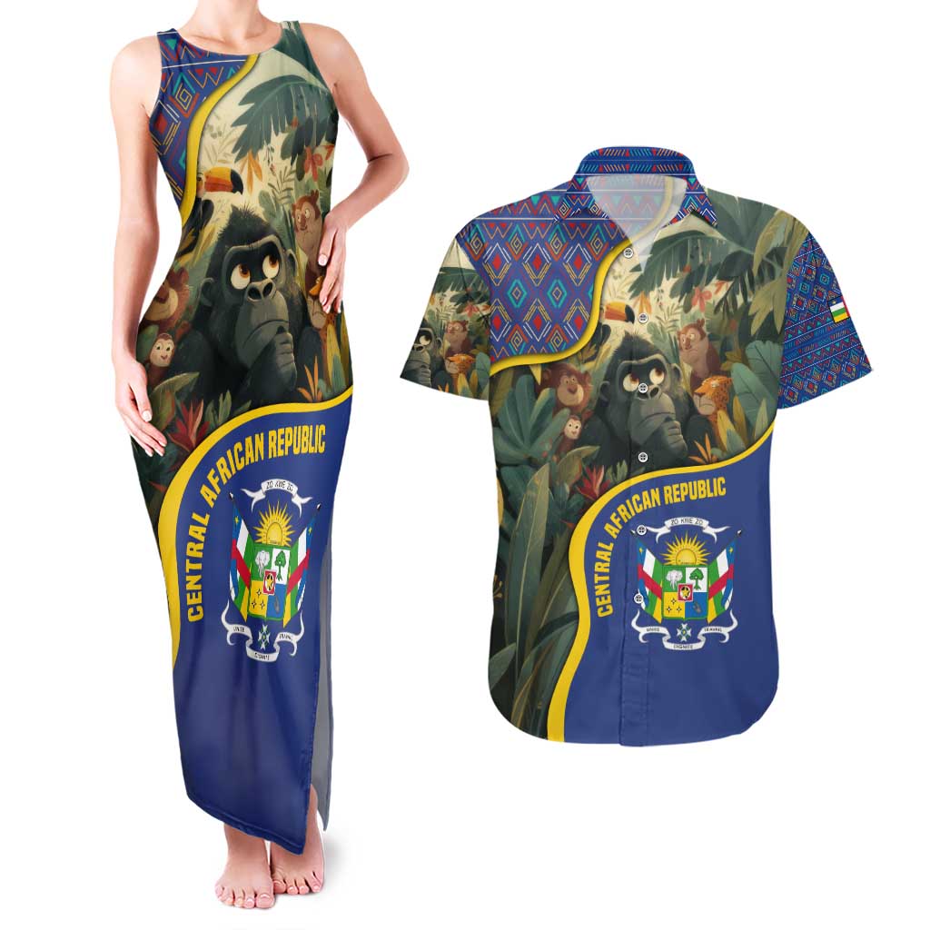 Central African Republic Couples Matching Tank Maxi Dress and Hawaiian Shirt with Jungle Animal Design and National Emblem Pattern - Wonder Print Shop