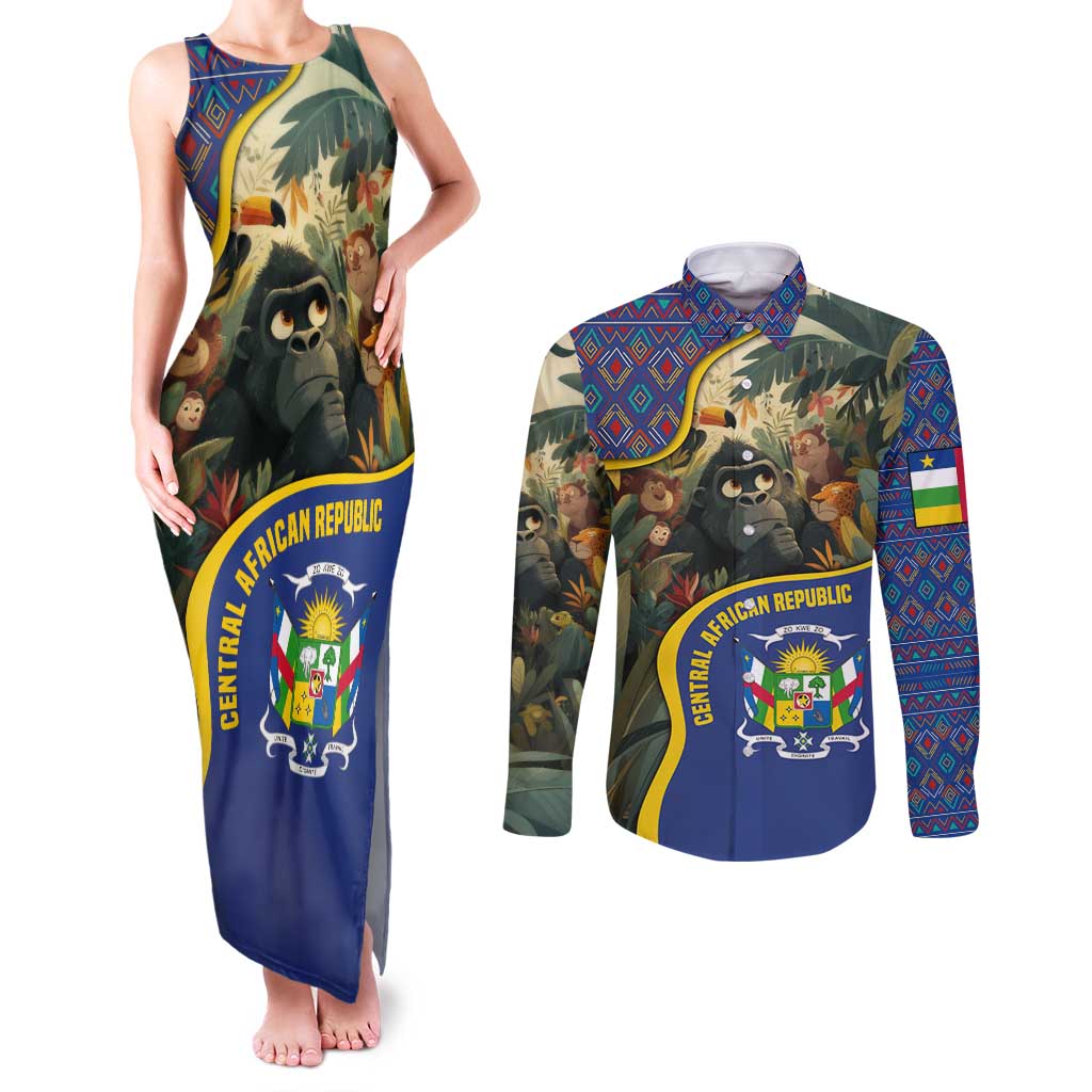 Central African Republic Couples Matching Tank Maxi Dress and Long Sleeve Button Shirt with Jungle Animal Design and National Emblem Pattern - Wonder Print Shop