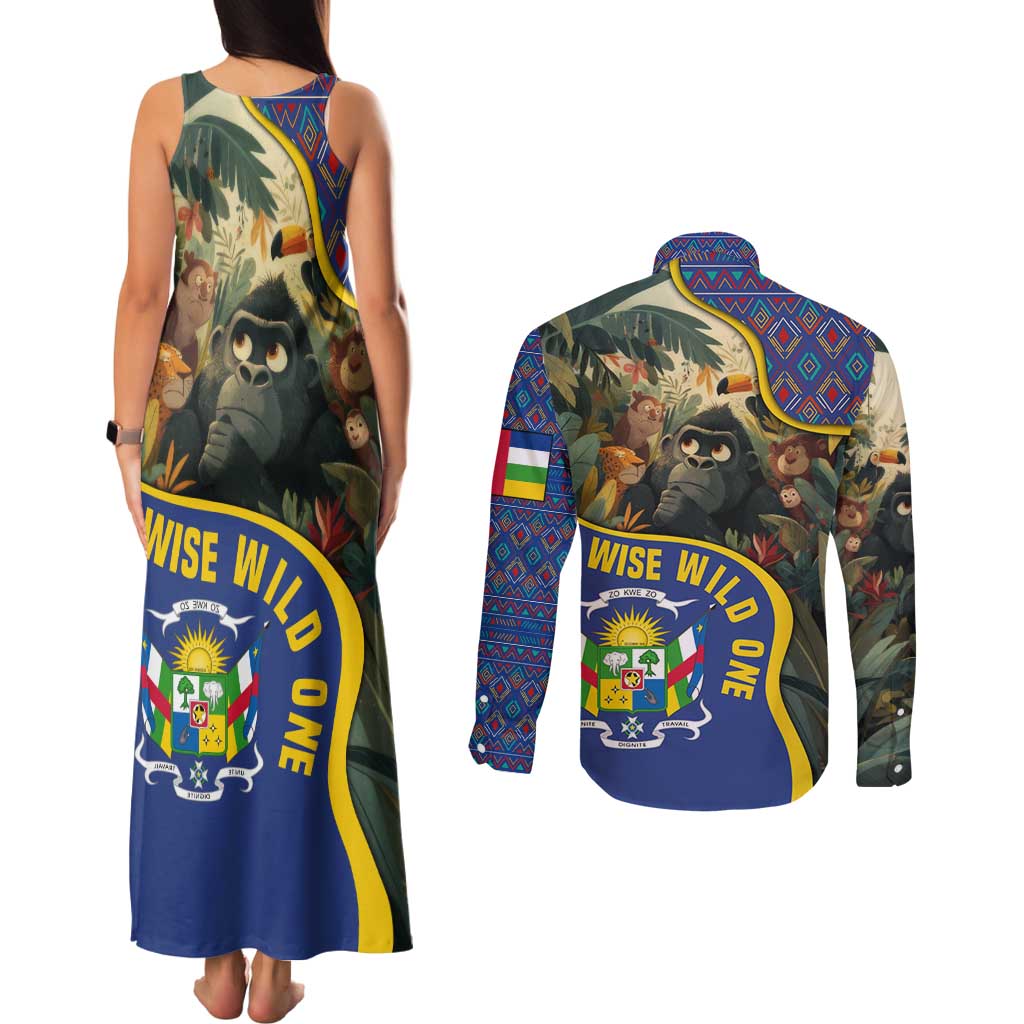 Central African Republic Couples Matching Tank Maxi Dress and Long Sleeve Button Shirt with Jungle Animal Design and National Emblem Pattern - Wonder Print Shop