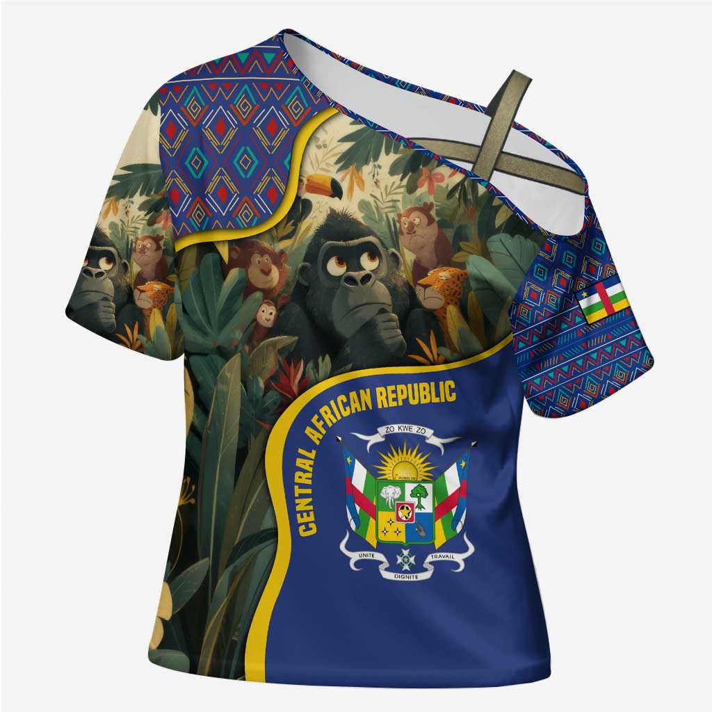 Central African Republic Cross Shoulder Shirt with Jungle Animal Design and National Emblem Pattern - Wonder Print Shop
