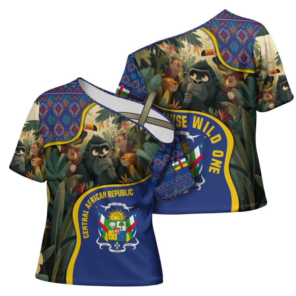 Central African Republic Cross Shoulder Shirt with Jungle Animal Design and National Emblem Pattern - Wonder Print Shop