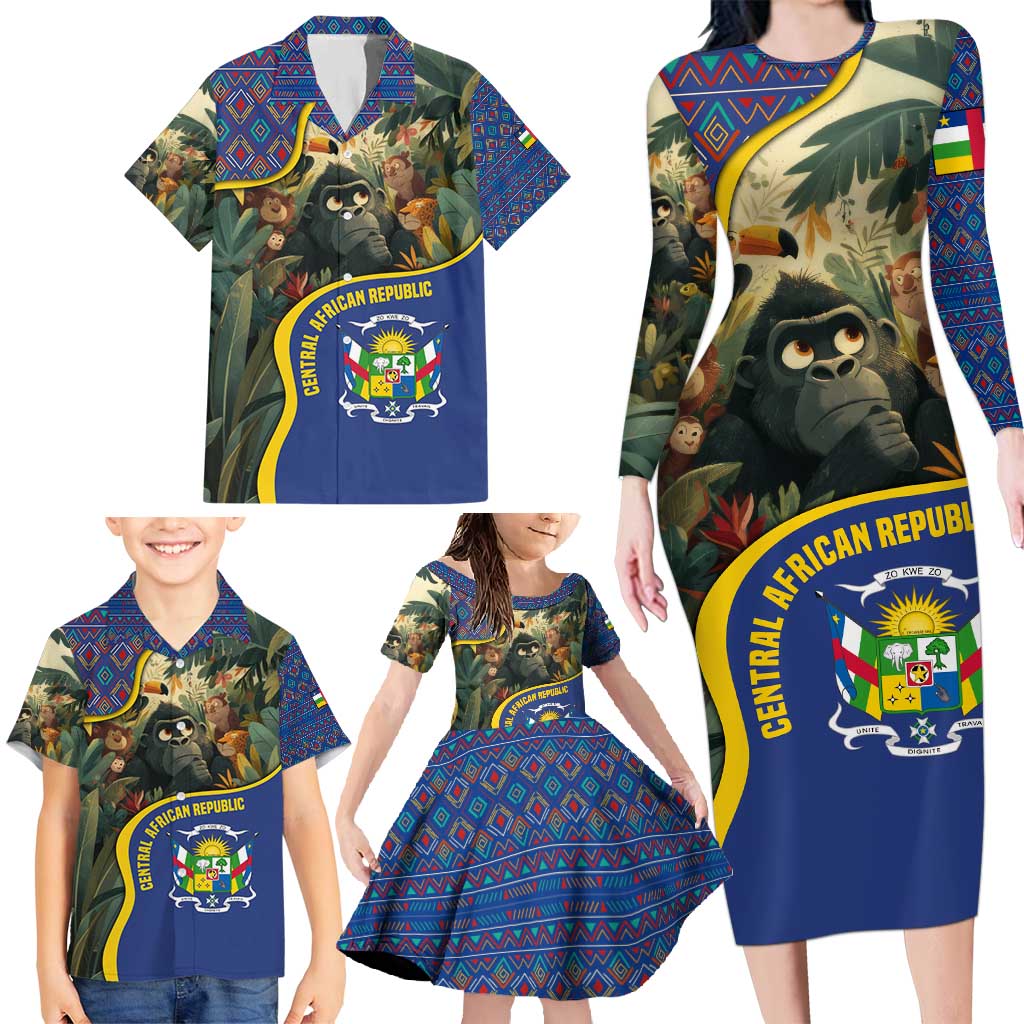 Central African Republic Family Matching Long Sleeve Bodycon Dress and Hawaiian Shirt with Jungle Animal Design and National Emblem Pattern - Wonder Print Shop
