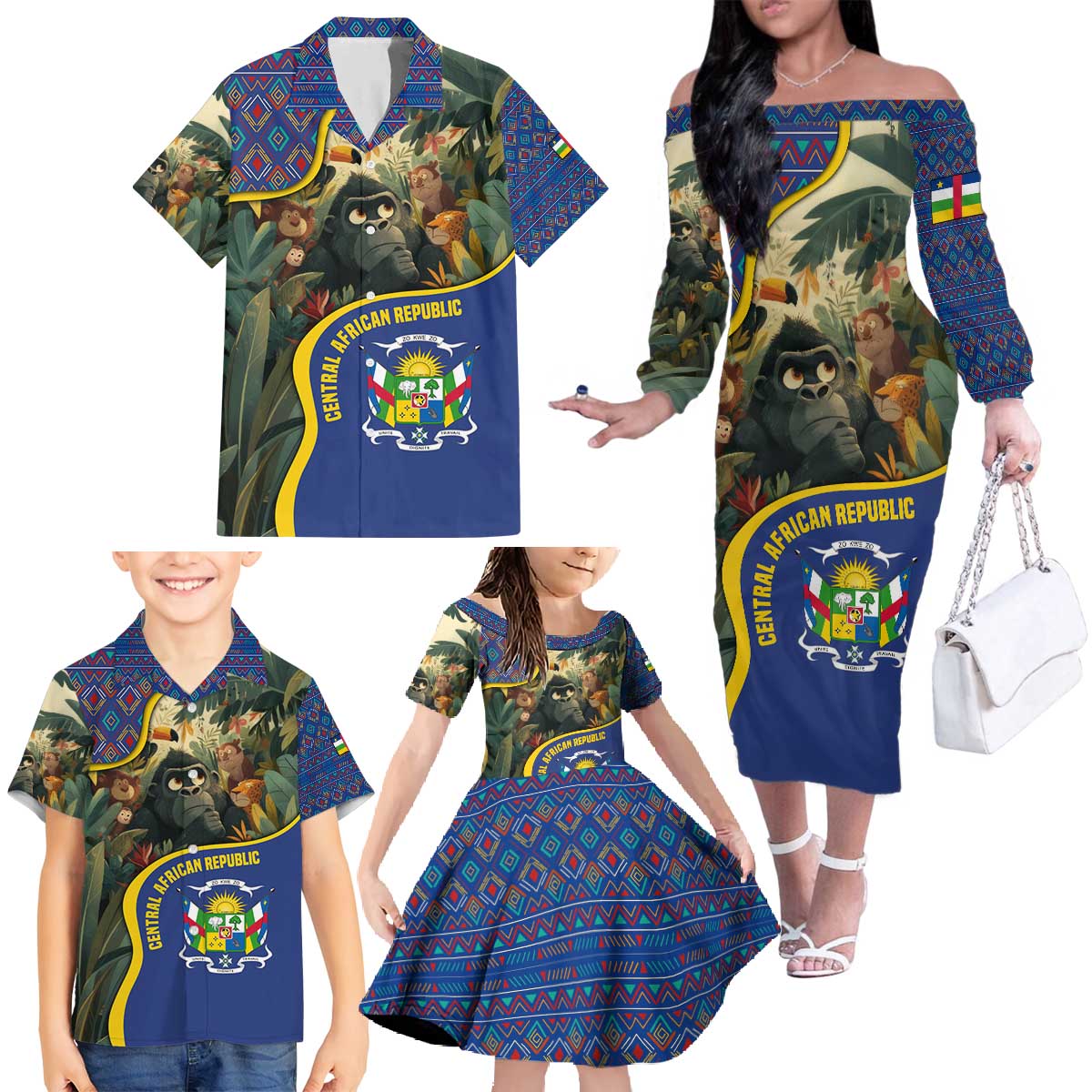Central African Republic Family Matching Off The Shoulder Long Sleeve Dress and Hawaiian Shirt with Jungle Animal Design and National Emblem Pattern - Wonder Print Shop