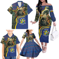 Central African Republic Family Matching Off The Shoulder Long Sleeve Dress and Hawaiian Shirt with Jungle Animal Design and National Emblem Pattern - Wonder Print Shop