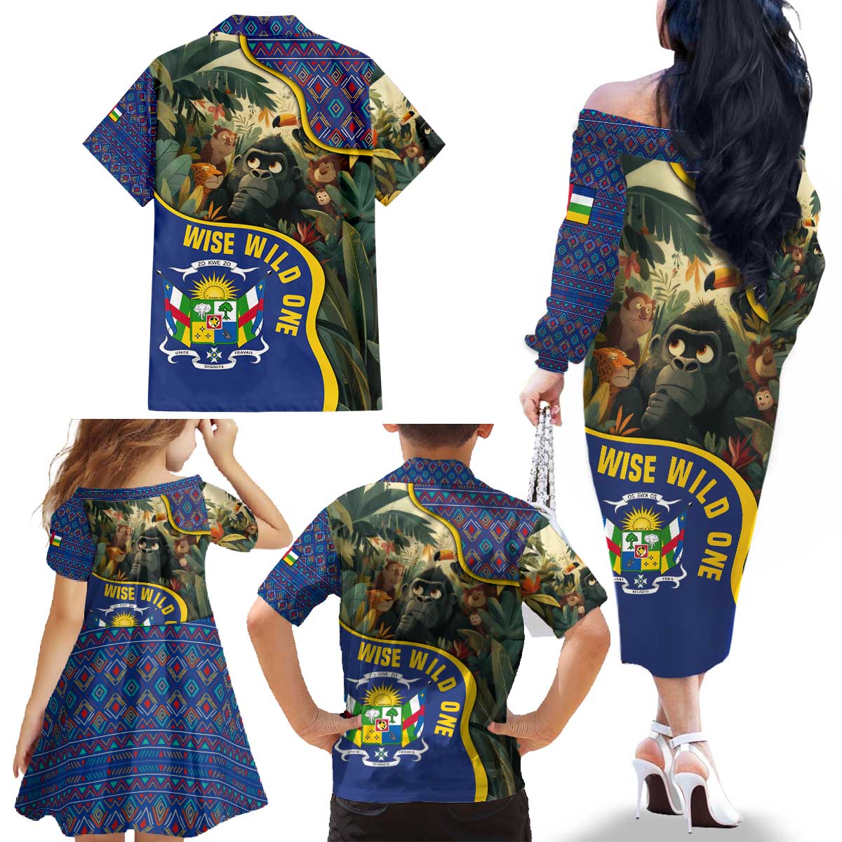 Central African Republic Family Matching Off The Shoulder Long Sleeve Dress and Hawaiian Shirt with Jungle Animal Design and National Emblem Pattern - Wonder Print Shop