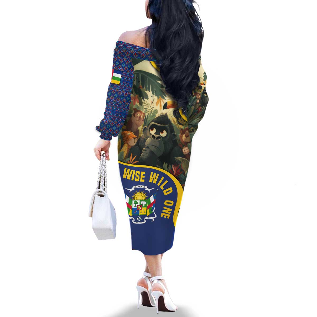 Central African Republic Family Matching Off The Shoulder Long Sleeve Dress and Hawaiian Shirt with Jungle Animal Design and National Emblem Pattern - Wonder Print Shop