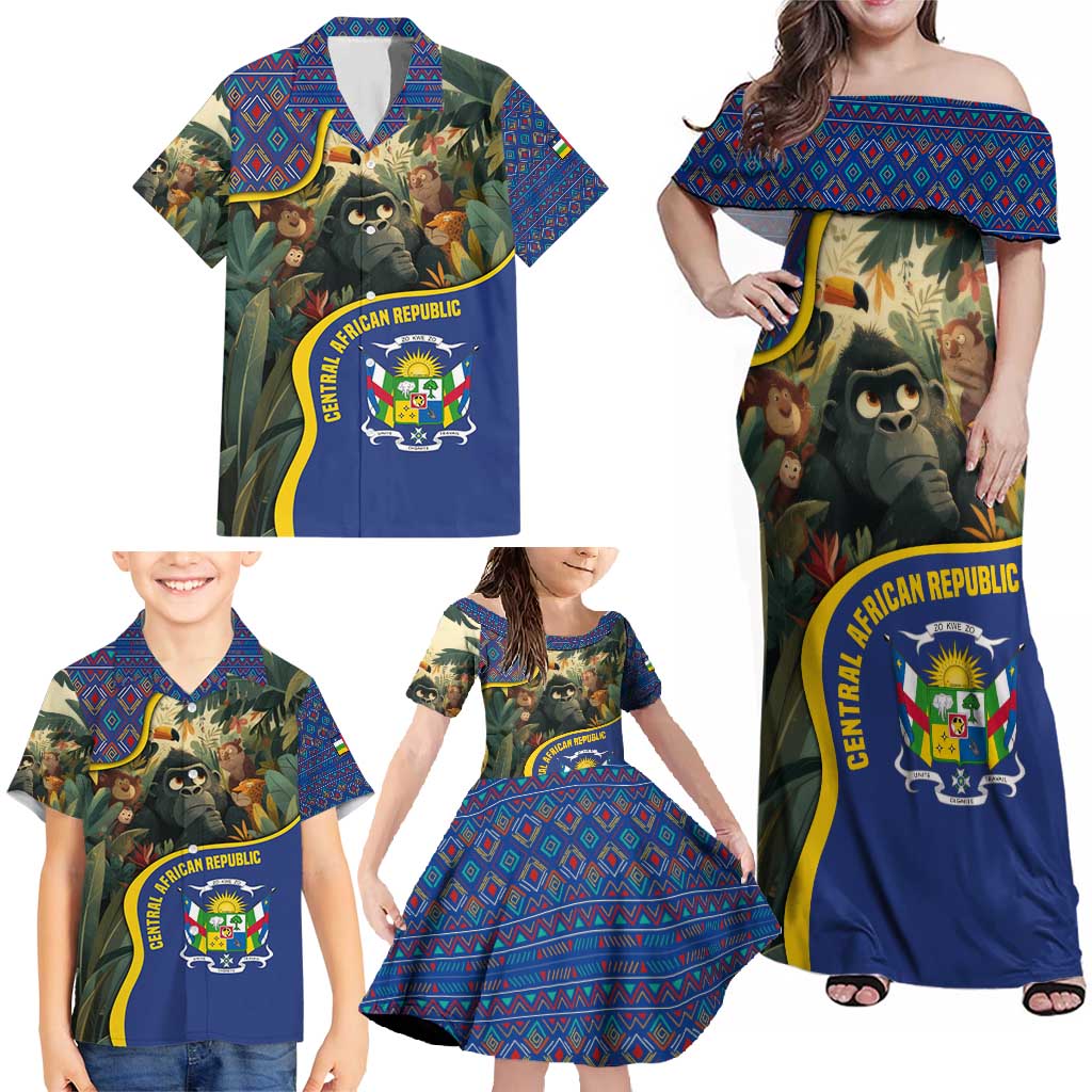 Central African Republic Family Matching Off Shoulder Maxi Dress and Hawaiian Shirt with Jungle Animal Design and National Emblem Pattern - Wonder Print Shop