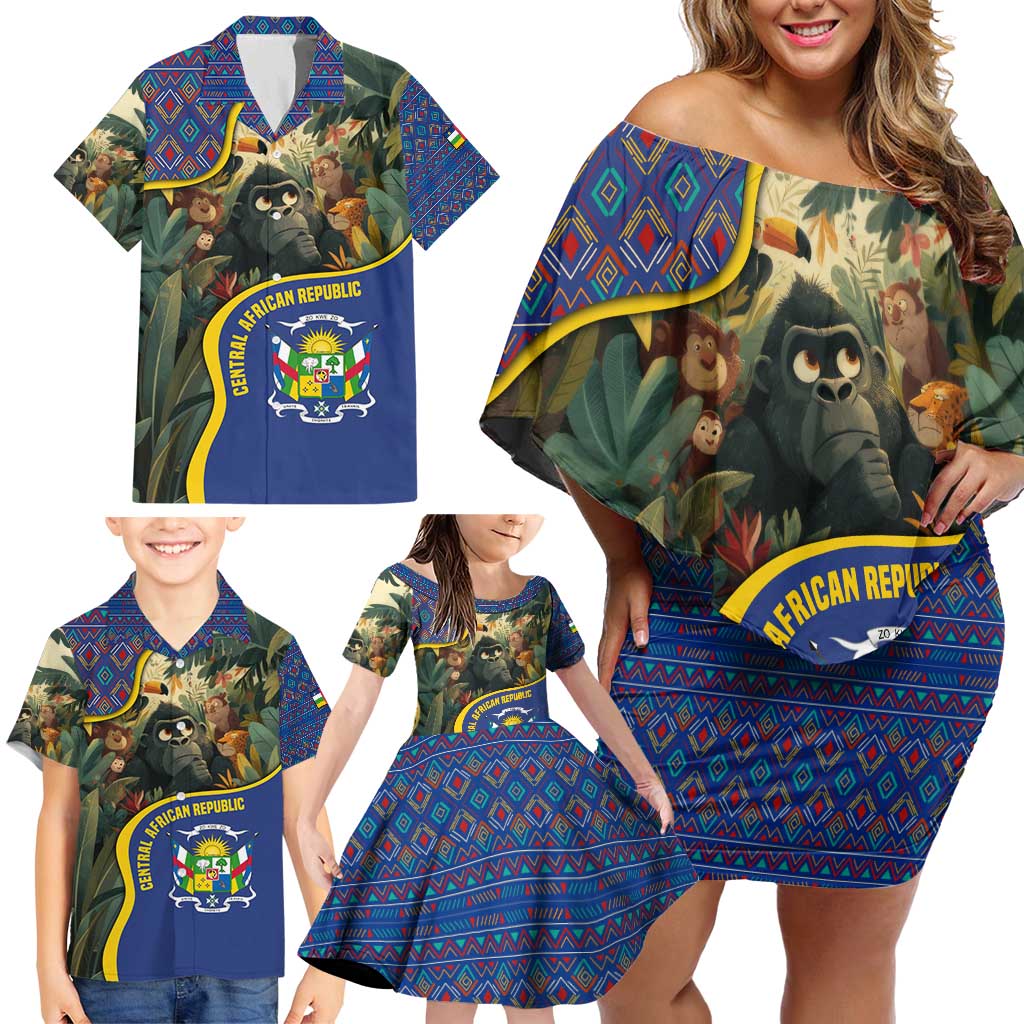 Central African Republic Family Matching Off Shoulder Short Dress and Hawaiian Shirt with Jungle Animal Design and National Emblem Pattern - Wonder Print Shop