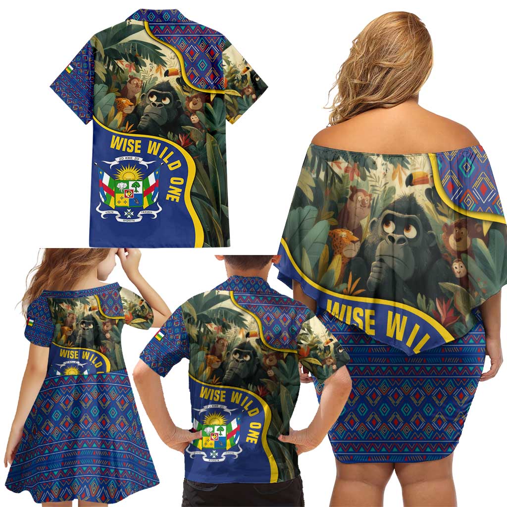 Central African Republic Family Matching Off Shoulder Short Dress and Hawaiian Shirt with Jungle Animal Design and National Emblem Pattern - Wonder Print Shop