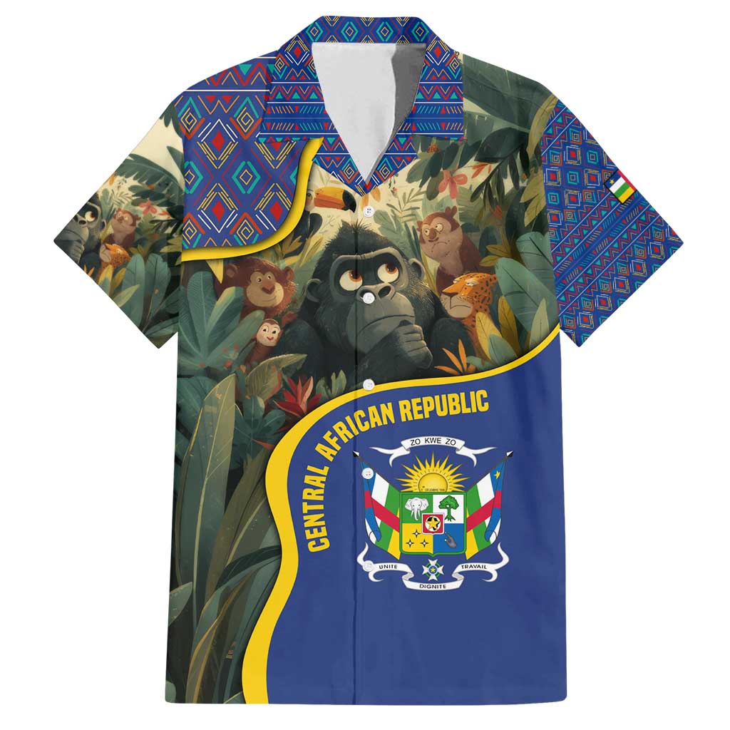 Central African Republic Family Matching Off Shoulder Short Dress and Hawaiian Shirt with Jungle Animal Design and National Emblem Pattern - Wonder Print Shop
