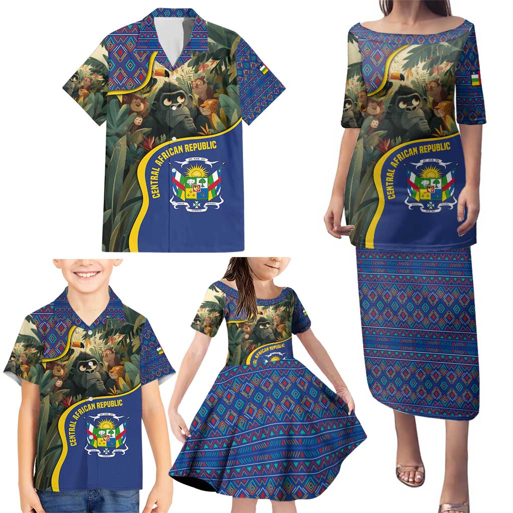 Central African Republic Family Matching Puletasi and Hawaiian Shirt with Jungle Animal Design and National Emblem Pattern - Wonder Print Shop