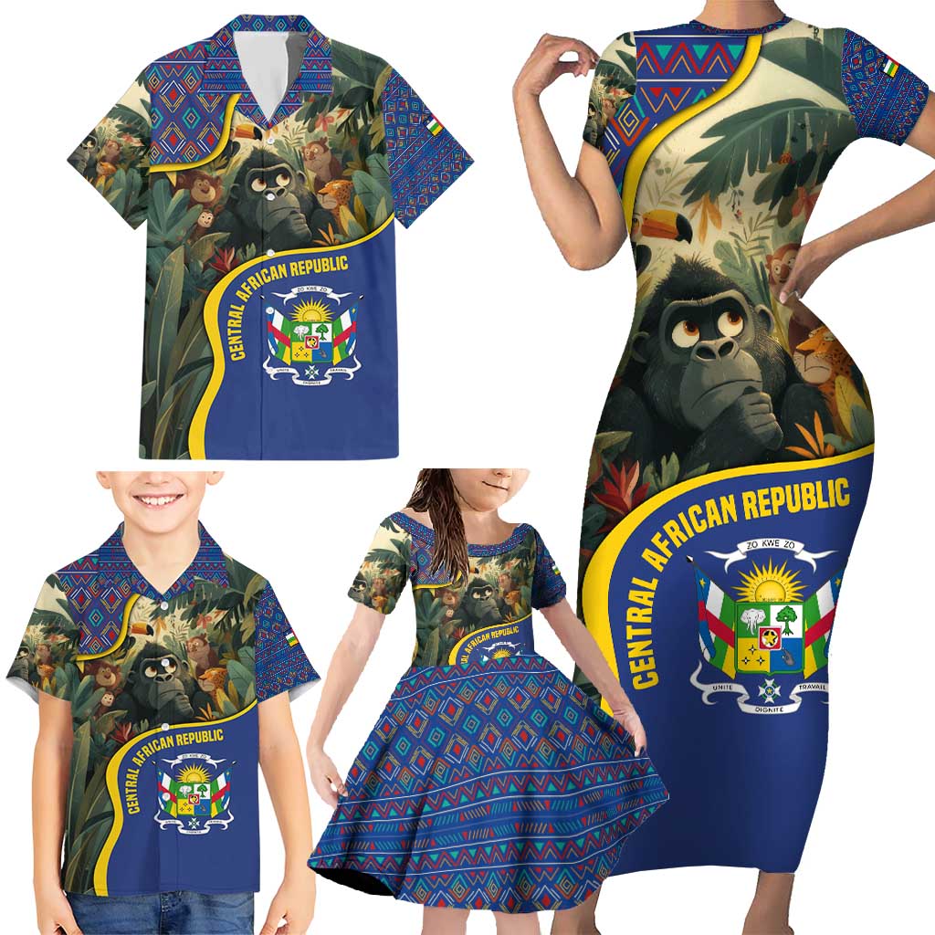 Central African Republic Family Matching Short Sleeve Bodycon Dress and Hawaiian Shirt with Jungle Animal Design and National Emblem Pattern - Wonder Print Shop