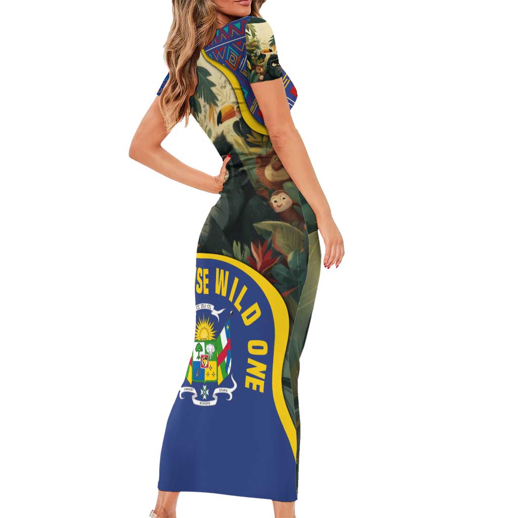 Central African Republic Family Matching Short Sleeve Bodycon Dress and Hawaiian Shirt with Jungle Animal Design and National Emblem Pattern - Wonder Print Shop