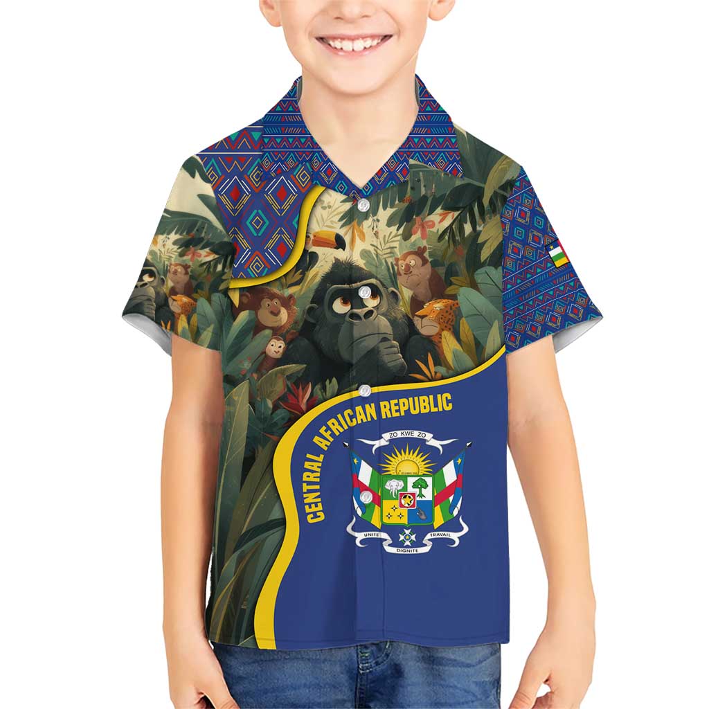 Central African Republic Family Matching Short Sleeve Bodycon Dress and Hawaiian Shirt with Jungle Animal Design and National Emblem Pattern - Wonder Print Shop