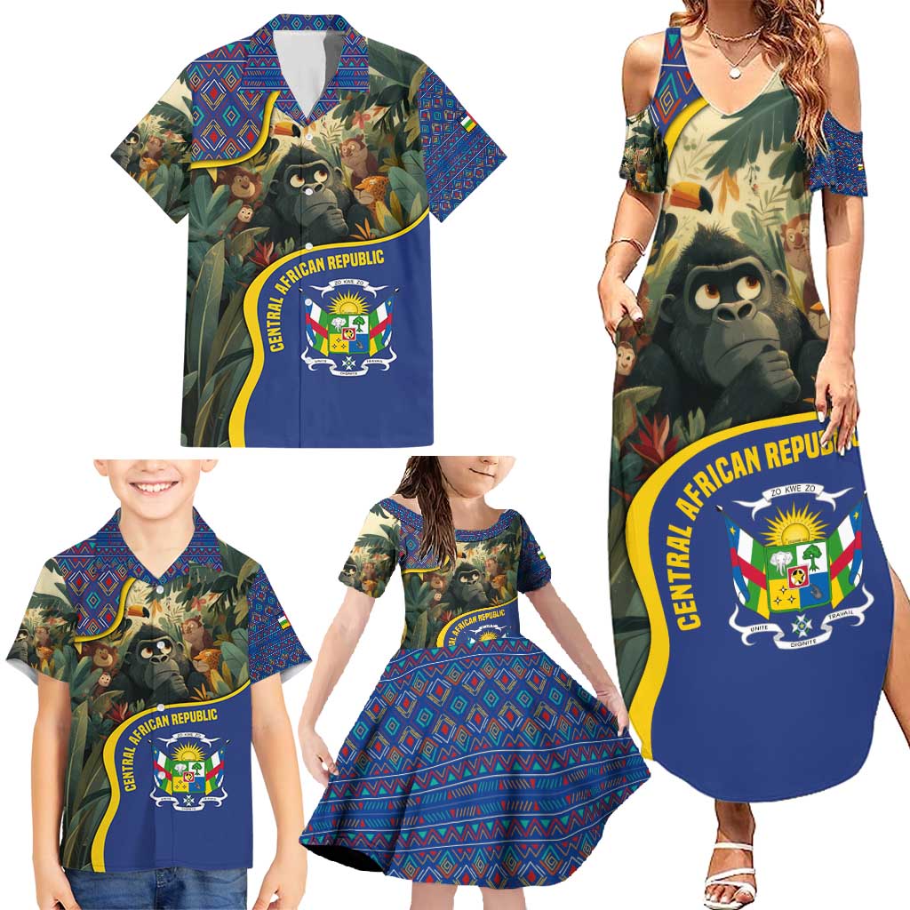 Central African Republic Family Matching Summer Maxi Dress and Hawaiian Shirt with Jungle Animal Design and National Emblem Pattern - Wonder Print Shop