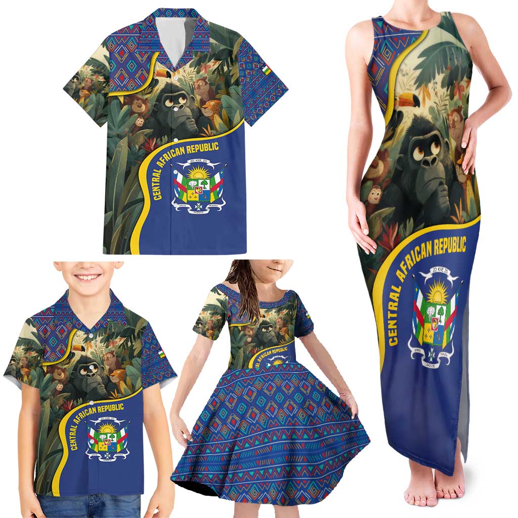 Central African Republic Family Matching Tank Maxi Dress and Hawaiian Shirt with Jungle Animal Design and National Emblem Pattern - Wonder Print Shop