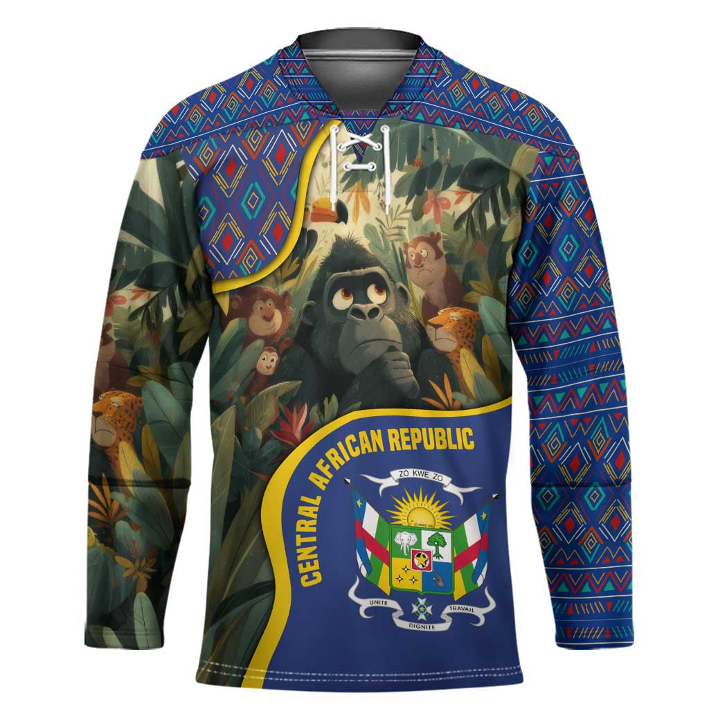Central African Republic Hockey Jersey with Jungle Animal Design and National Emblem Pattern - Wonder Print Shop