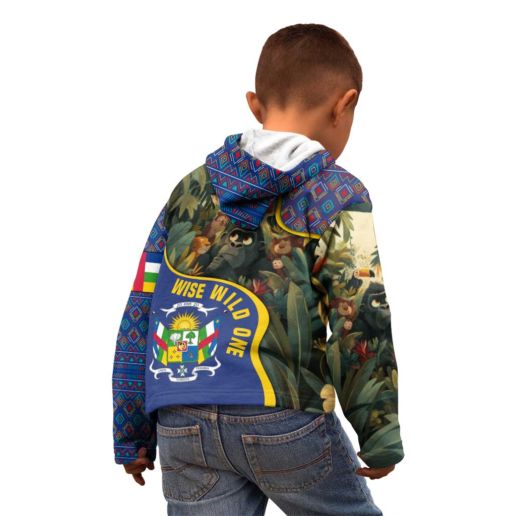 Central African Republic Kid Hoodie with Jungle Animal Design and National Emblem Pattern - Wonder Print Shop