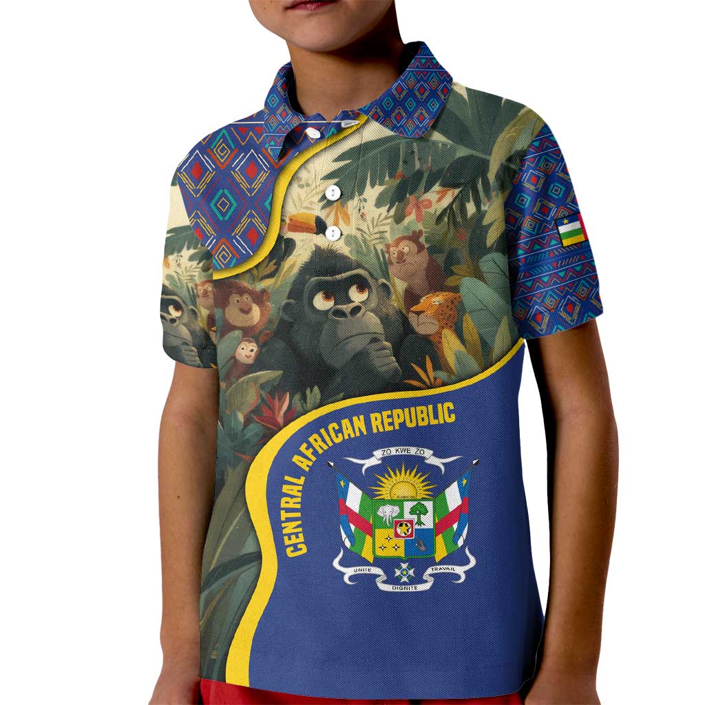 Central African Republic Kid Polo Shirt with Jungle Animal Design and National Emblem Pattern - Wonder Print Shop
