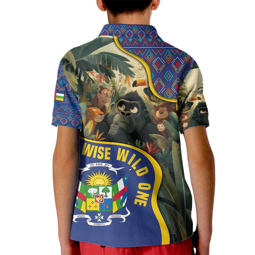 Central African Republic Kid Polo Shirt with Jungle Animal Design and National Emblem Pattern - Wonder Print Shop