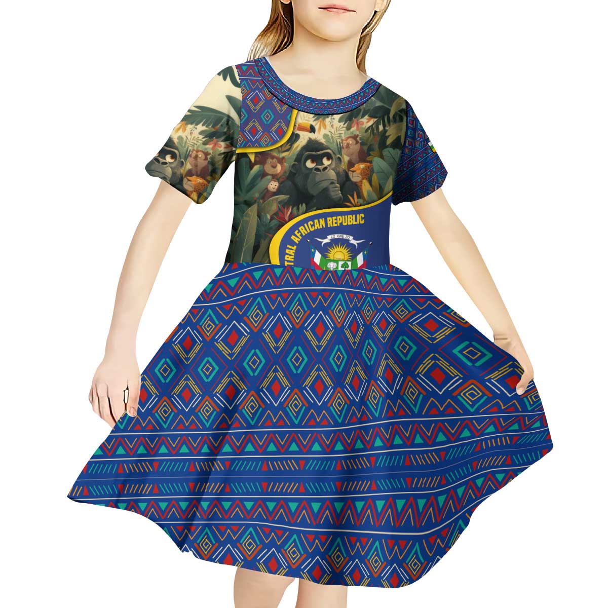 Central African Republic Kid Short Sleeve Dress with Jungle Animal Design and National Emblem Pattern - Wonder Print Shop