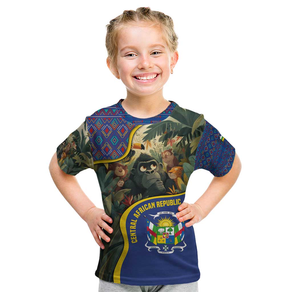 Central African Republic Kid T Shirt with Jungle Animal Design and National Emblem Pattern - Wonder Print Shop