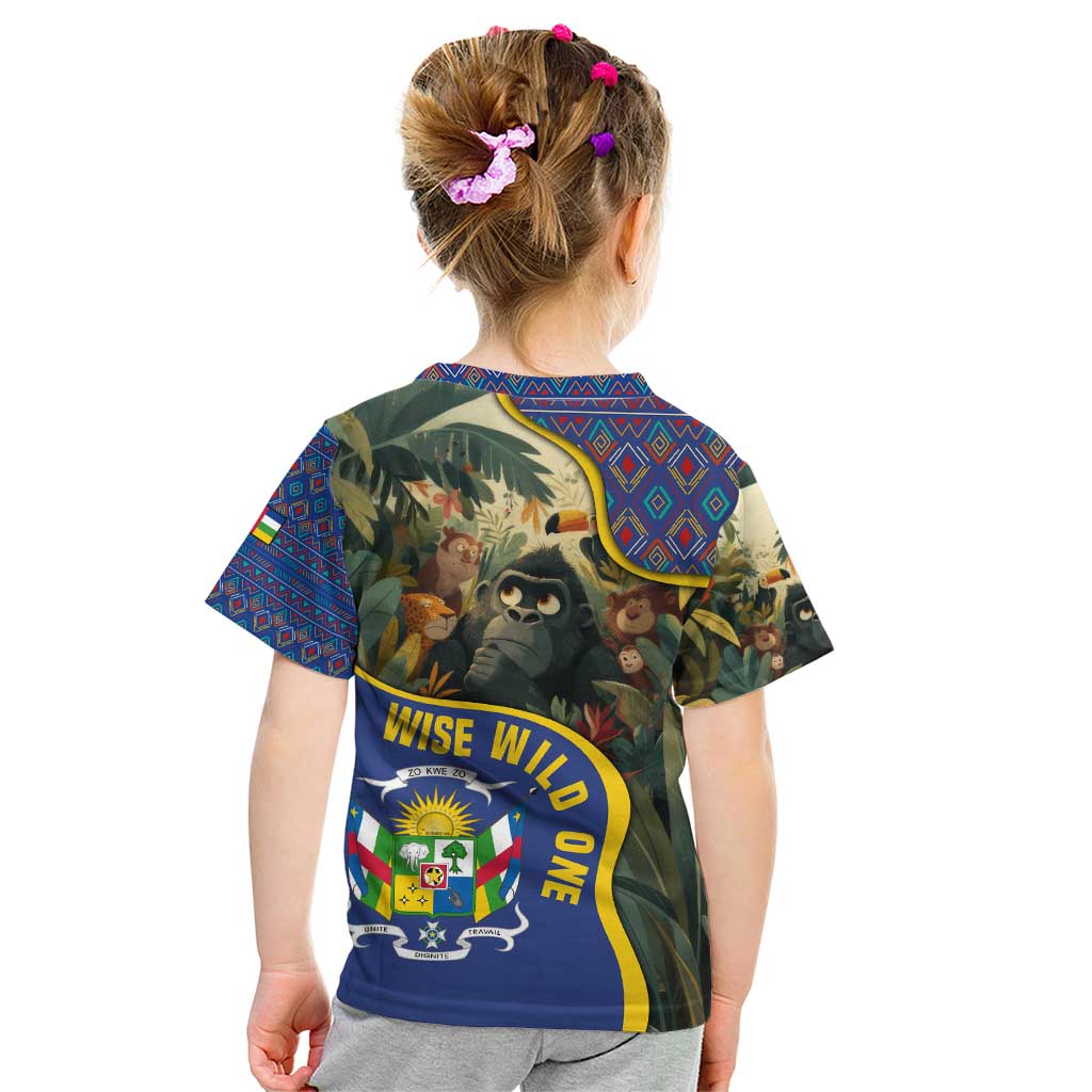 Central African Republic Kid T Shirt with Jungle Animal Design and National Emblem Pattern - Wonder Print Shop
