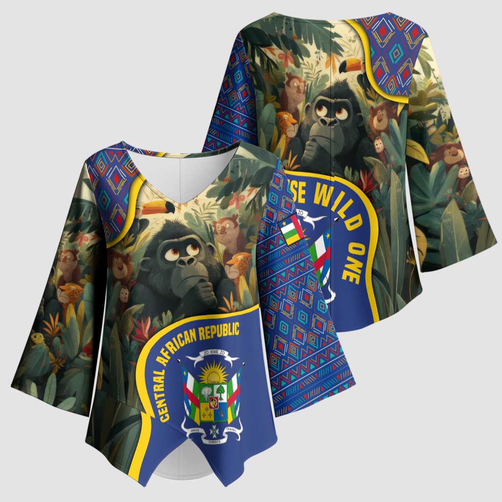 Central African Republic Kimono Sleeve Blouse with Jungle Animal Design and National Emblem Pattern - Wonder Print Shop