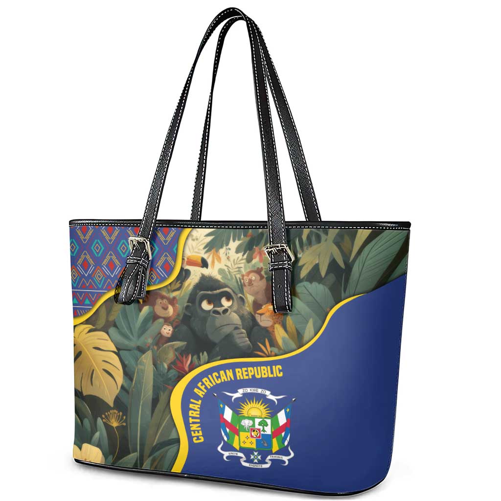 Central African Republic Leather Tote Bag with Jungle Animal Design and National Emblem Pattern - Wonder Print Shop